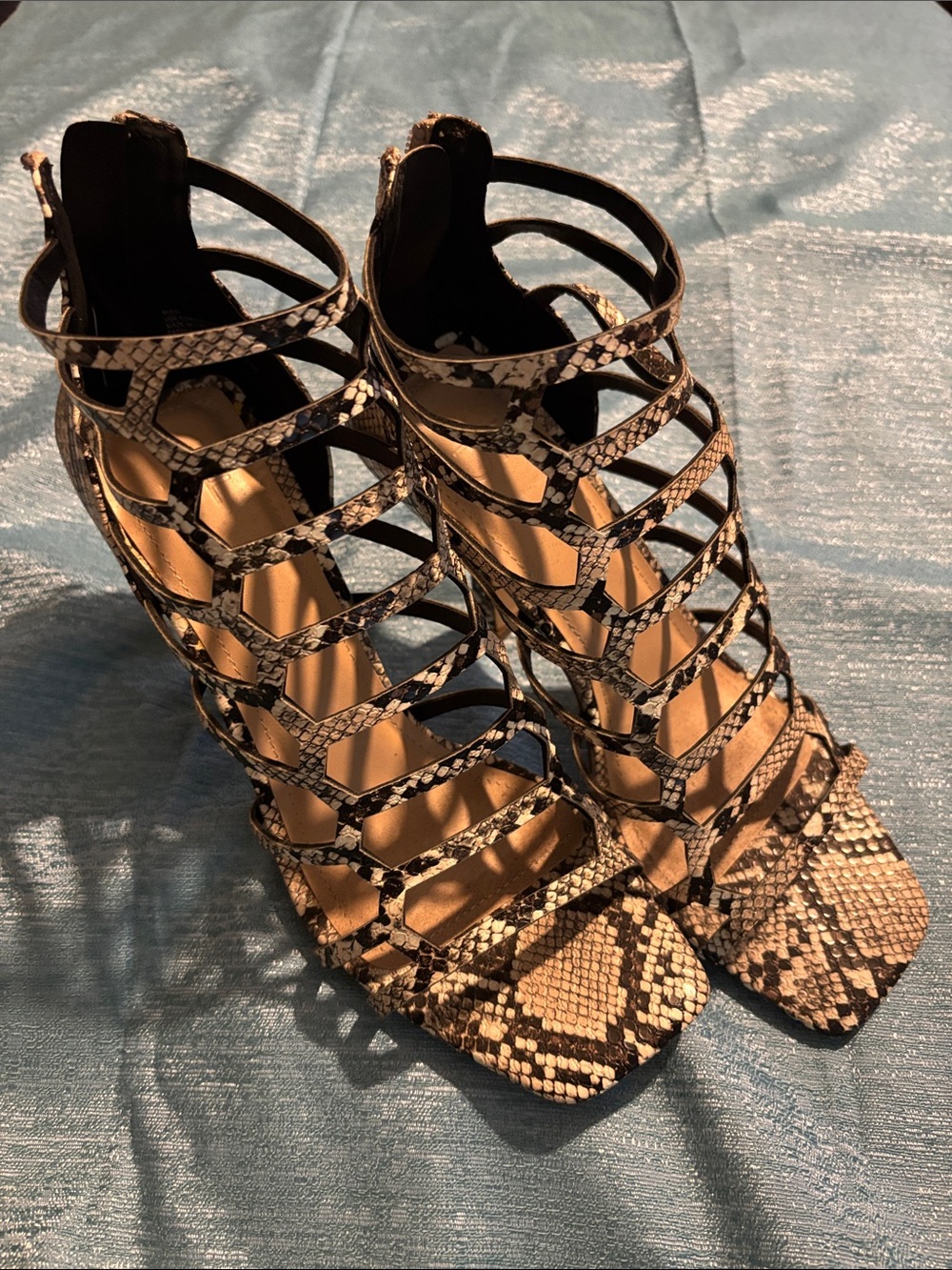 Python-Print Strappy High Heel Sandals - Tan/Black 3 1/2 in heel